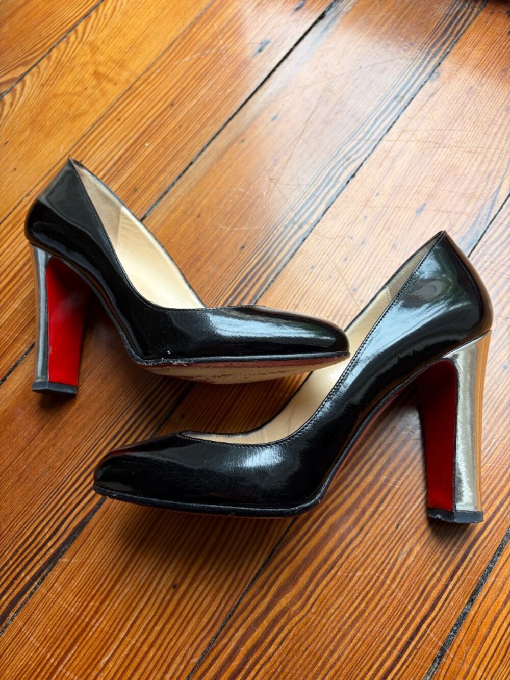 Vintage Rare Christian Louboutin Black Patent Leather Block Silver Heels - Picture 13 of 16